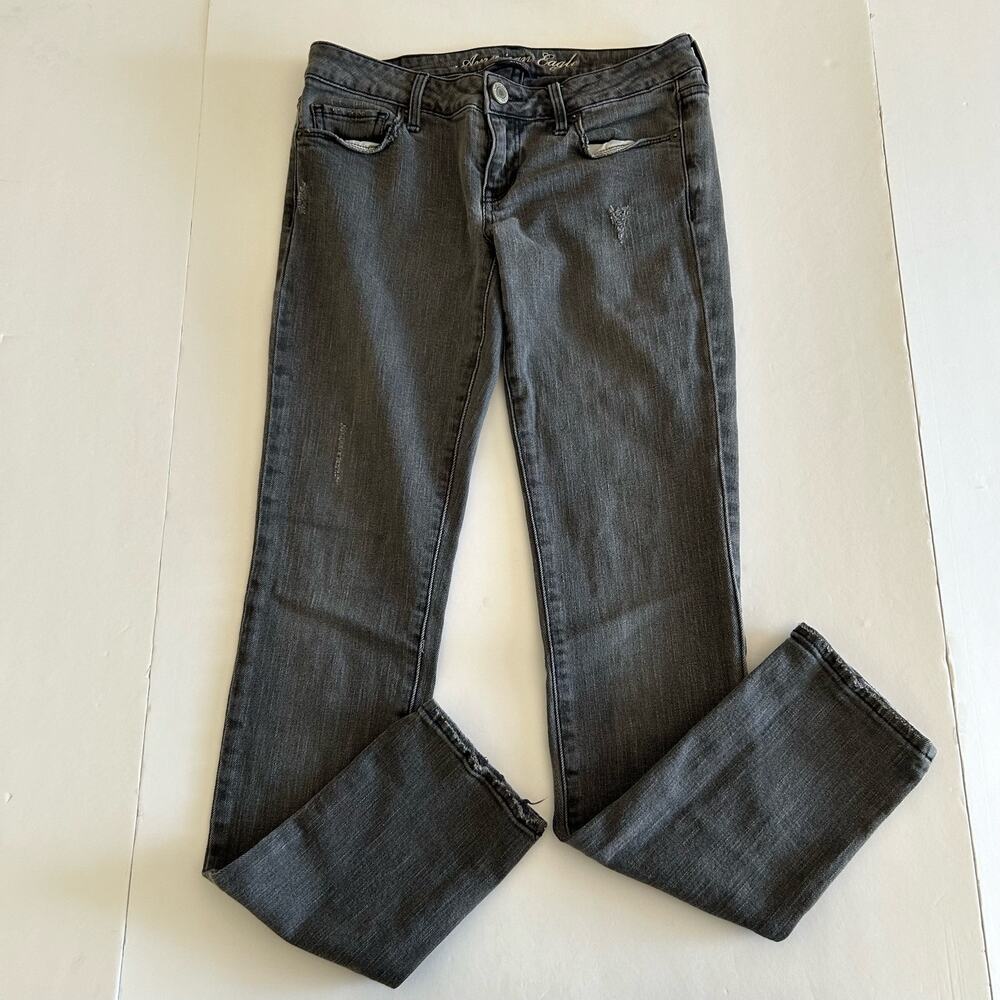 American Eagle Women's Stretch Washed Black Distressed Denim Skinny Jeans 2